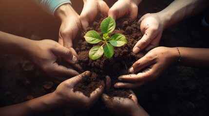 group of people planting a tree, group of hands - reforestation concept (Generative AI)