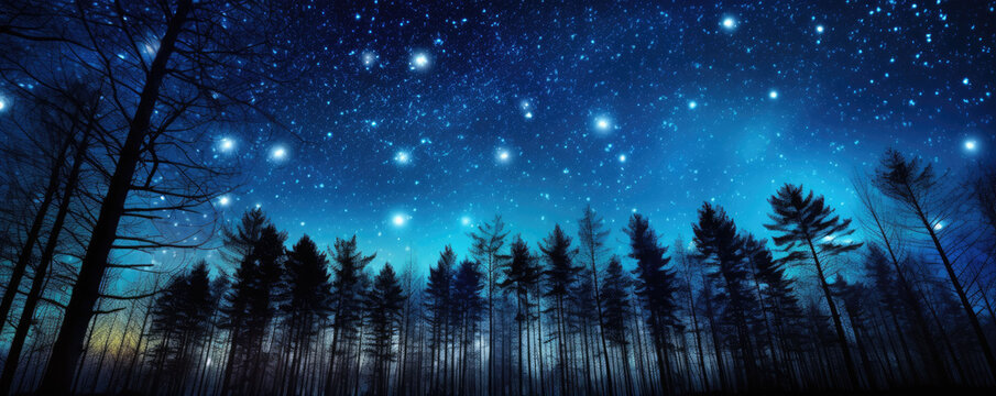 Night sky scene with time laps. Stars falling wide. Night forest in front.