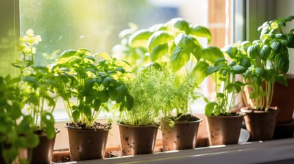 homegrown herbs and spices in front of a window (Generative AI)