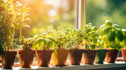 homegrown herbs and spices in front of a window (Generative AI)