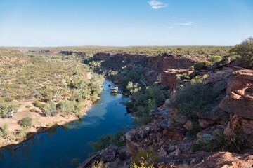 Fototapeta na wymiar Hawk's Head Lookout in Kalbarri National Park, Western Australia. Stunning views of the Kalbarri Gorges and Murchison River. Beautiful views in Kalbarri National Park. Western Australian landscapes.
