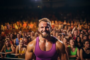 Fototapeta na wymiar Portrait of a muscular man standing in front of a crowd at a gym