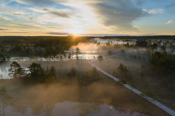 Viru swamp on an early foggy summer morning at dawn, drone photo.