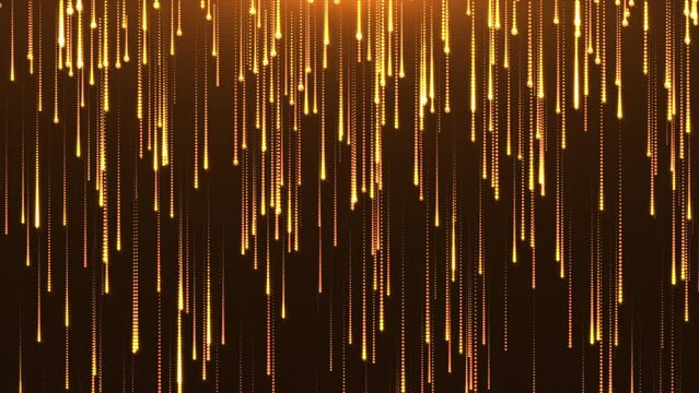 Golden shining particles slowly falling on dark background with soft light. Gold particles fall background animation. Luminous particles dropping to the ground. Events, celebrations, awards. 4k. 
