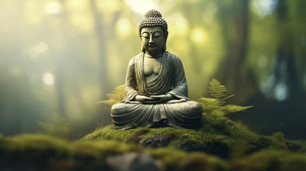 Foto op Canvas A serene Buddha statue surrounded by nature in a peaceful forest setting © NK