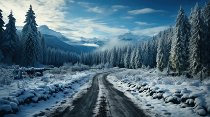 Fototapeta na wymiar Snowy Road in Winter Forest and Mountaings Landscape AI Generative