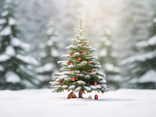 Fototapeta premium Beautiful green New Year tree with Christmas balls in a snowy forest