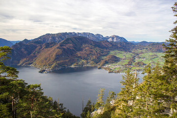 Fototapeta premium Lake Traunsee and Alps seen from Traunstein, Upper Austria, Austria
