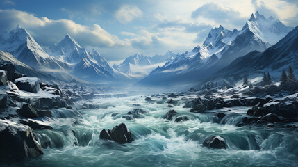 Alps Snow Mountains and Floating River Moody Landscape Background AI Generative