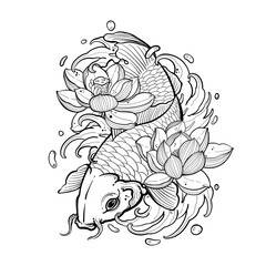 Koi fish tattoo with water splash Asian or Japanese style. Illustration with white background.