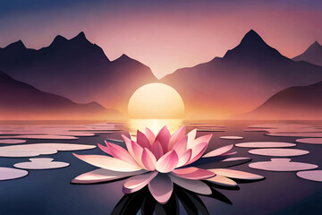 Abstract background with pink lotus against the background of the setting sun