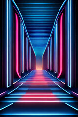 Abstract neon background with perspective. Neon corridor.