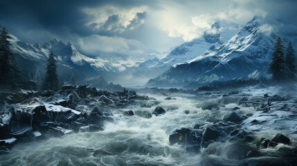 Fototapeta premium Alps Snow Mountains and Floating River Moody Landscape Background AI Generative