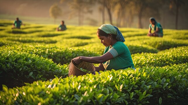 woman in india picking green tea leaves from tea bushes (Generative AI)