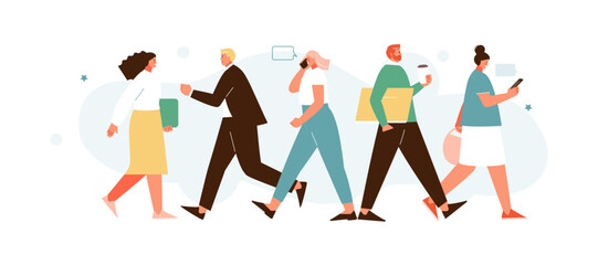 Modern people going to work. Hurrying businessmen, a crowd in the morning, rush hour, city life. Vector illustration