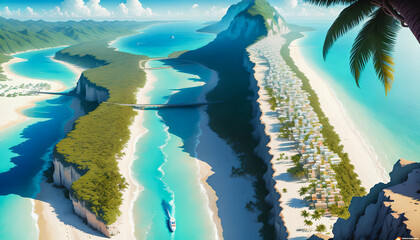 Obraz premium Blue Lagoon Amidst Beautiful Ocean Waves: Beach. Vacation Spot for Travelers. Generative AI.