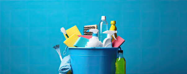 Cleaning product in bleu bucket wide banner. panorama photo. chemicals and facilities for tidying, copy space for text. - obrazy, fototapety, plakaty