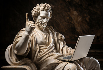 Statue with a laptop in his lap. Conceptual image.