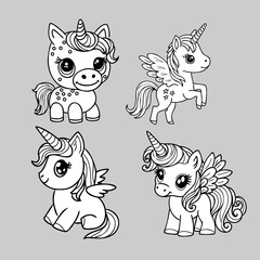 Cute unicorn and pony collection with magic items, rainbow, fairy