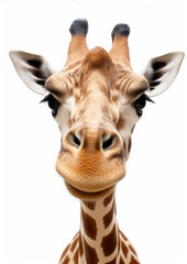 Fototapeta premium Fancy girafe portrait isolated on white background. Girafe looking into camera. copy space for text.