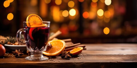Christmas shot of a delicious glass of hot mulled wine with oranges and spices on a wooden background. Place for text - obrazy, fototapety, plakaty