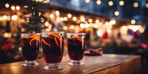 Mulled wine on a wooden background, place for text, product, Christmas background. Generative AI