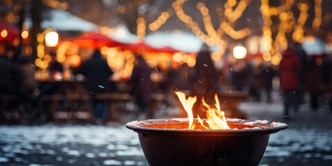 place for your product , text on blurred christmas background, Bonfire. Generative AI