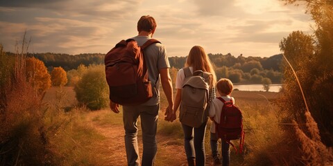 A family with backpacks, traveling together - viewed from behind, a symbol of shared adventures and journeys. Generative AI