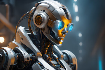 Fototapeta premium beautifulmmodern trobot with blue light eyes in dark background