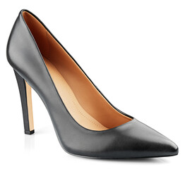 Single black leather high heeled women shoe or Stiletto isolated on transparent background