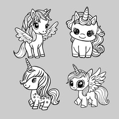 Cute unicorn and pony collection with magic items, rainbow, fairy