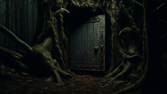 A mysterious door hidden in the heart of a lush forest