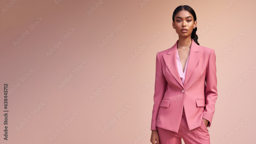 Wall mural A young brunette woman in pink clothing stands against a solid pink background. Studio. Isolated pink background. Generative AI.