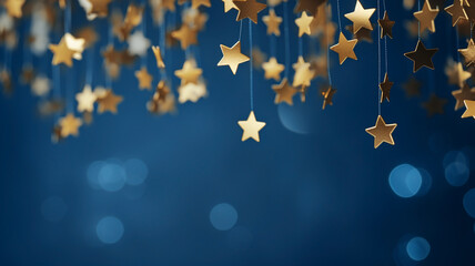 Beautiful festive greeting decorative Christmas blue background with golden stars - obrazy, fototapety, plakaty