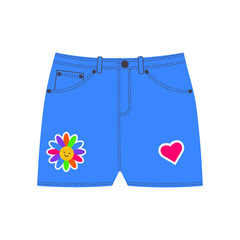 Denim shorts in bright neon colors in the style of the 90s. Kidcore aesthetic, y2k style. Trendy illustration for cotton, social media marketing, branding, packaging, covers. Vector art