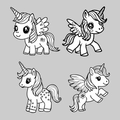 Cute unicorn and pony collection with magic items, rainbow, fairy