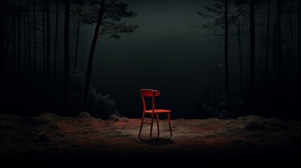 Fototapeta na wymiar A vibrant red chair standing alone in the midst of a serene forest