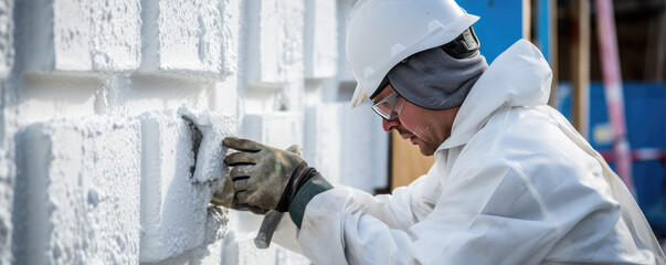 Insulation worker install heat saves energy material on house. banner