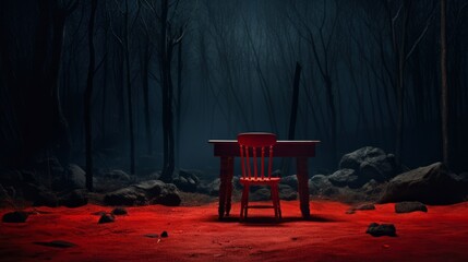 A vibrant red chair with a table amidst the serene beauty of forest