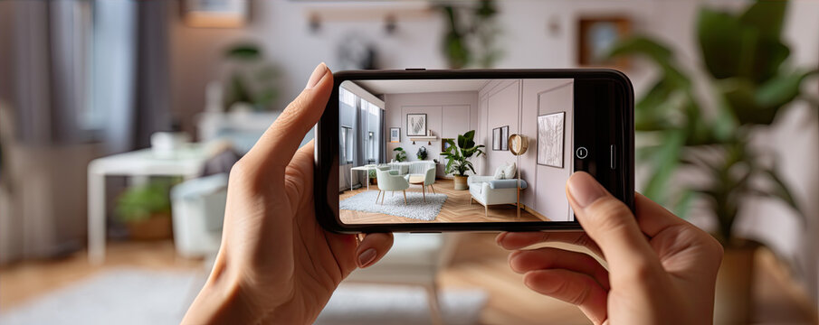 hands holding a Smartphone and take a picture of modern livingroom. Interior designer work with mobile.