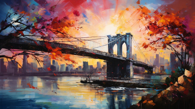 Fototapeta A digital illustration of Brooklyn Bridge with a city skyline, employing a combination of abstract shapes and vibrant colors Generative AI technology
