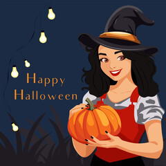 Vector flat illustration in cartoon style. Young pretty witch woman wearing a traditional Halloween hat and holding a pumpkin. Postcard template or holiday banner with Happy Halloween text.
