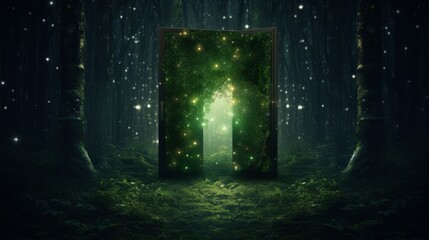 A vibrant green glowing door nestled in of a lush forest