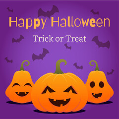 Happy halloween poster, greeting card, banner, background with cute pumpkins and bats. Trick or treat. Vector illustration