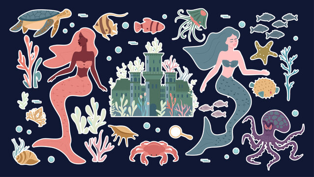 Mermaid stickers and sea animals.