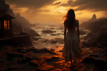 Beautiful young woman in a long dress in the sea at sunset
