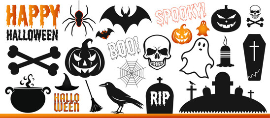 Set of Halloween icons. Black and orange halloween vector stickers. Jack-o’-lantern, skull, bones, grave, pumpkins, ghosts. Halloween celebration, Happy halloween!