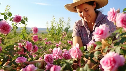 Foto op Canvas woman picking rose petals for perfume production (Generative AI) © Salander Studio