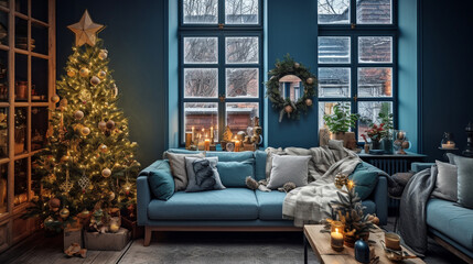 Modern living room design with sofa decorated for the new year and Christmas