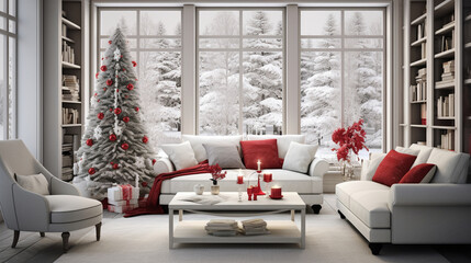 The classic bright living room is prepared for the celebration of Christmas